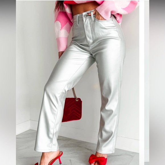 Judy Blue Pants - Judy‎ Blue 9/29 NEW Faux Leather Metallic Sliver Pants High Waisted Office